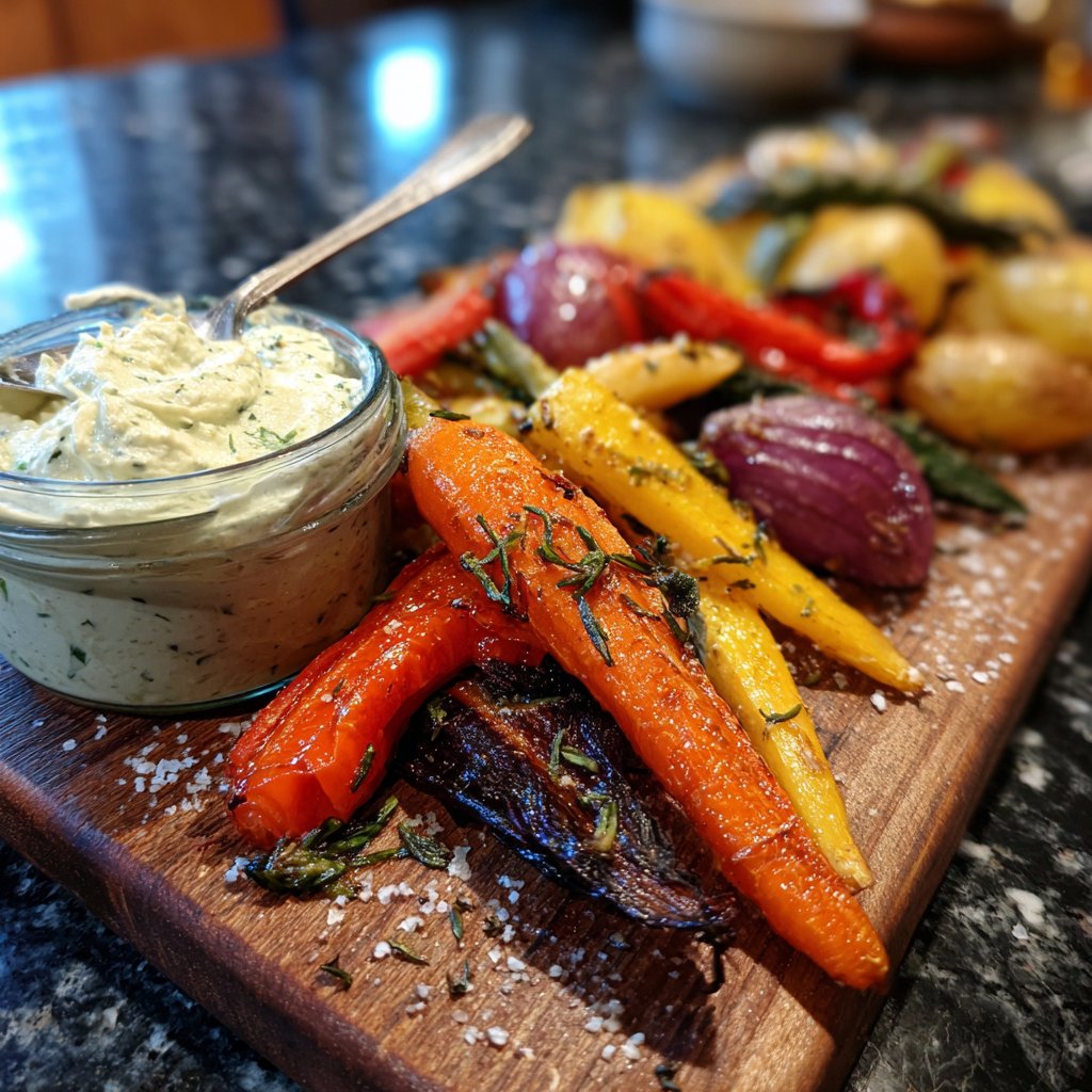 Abendessen mit Ofengemüse und Kräuterquark
