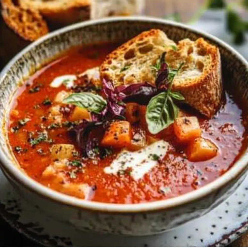 Sommerliche Tomatensuppe mit gerösteten Tomaten und frischen Kräutern